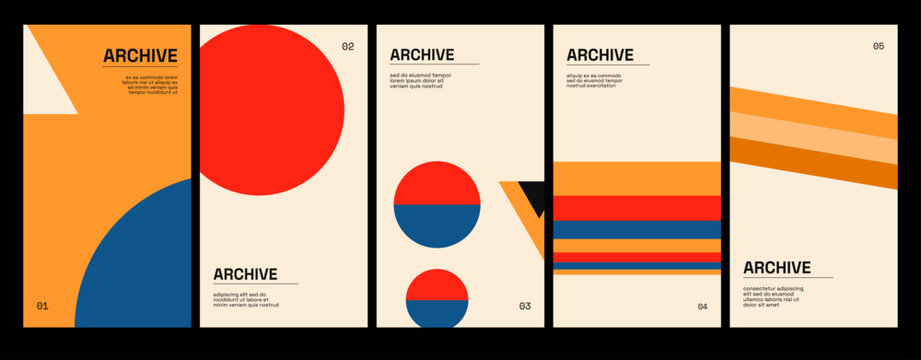 Postmodern graphic design set of 5 vertical stories, quarter discs, nested triangles and overlapping circles in bold blue, vermilion and yellow on cream paper, placeholder typography