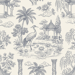 Fototapeta premium Vintage Toile de Jouy Style Seamless Pattern with Oriental Garden Crane and Pagoda