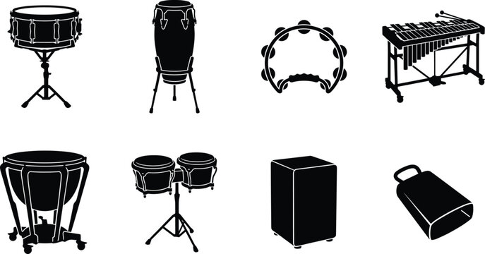 Set of black percussion instrument silhouettes including drums, xylophone, tambourine, and cowbell vector illustration.