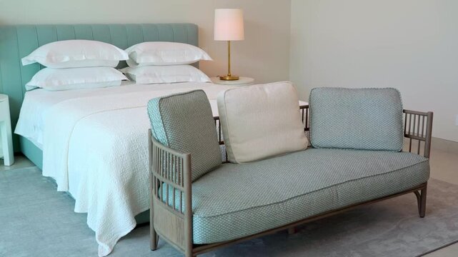 Elegant and modern bedroom interior design featuring a comfortable bed with white pillows and a stylish sofa. Cozy and inviting atmosphere of a luxury hotel suite or a contemporary home bedroom