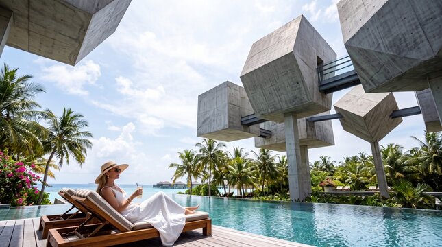 Woman Relaxing at Modern Luxury Tropical Resort Pool
