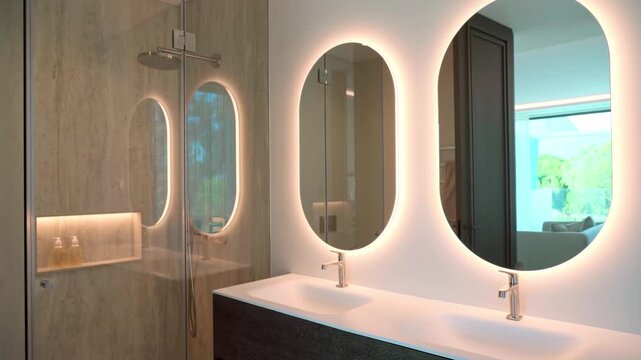 Elegant and contemporary bathroom interior featuring a dark wood vanity, a double sink, and stylish oval mirrors with warm backlighting, reflecting a spacious and modern real estate design