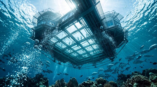 Underwater View of Floating Observatory Platform and Coral Reef