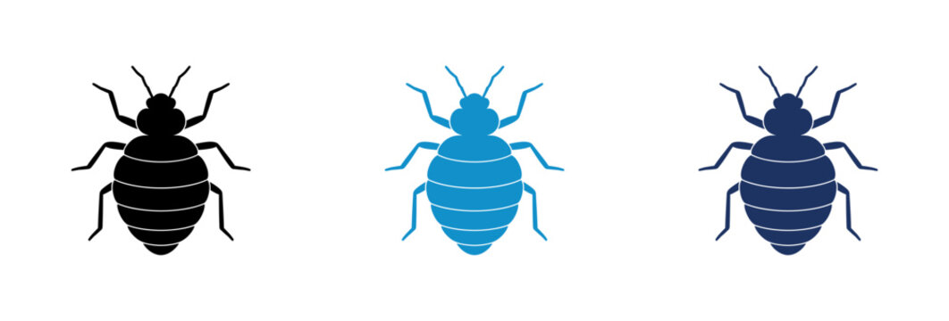 Bed bug insect icons in black and blue colors isolated on white background.
