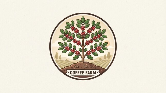 Coffee farm logo design with a plant tree and red beans in a circle