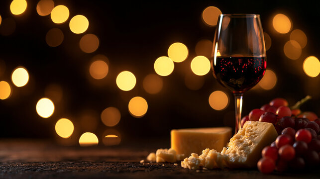 Glass of Red Wine with Cheese and Grapes