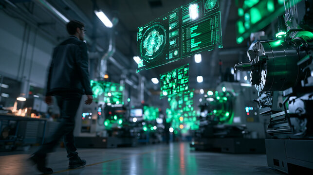 Engineer in Smart Factory with Futuristic Digital Interface