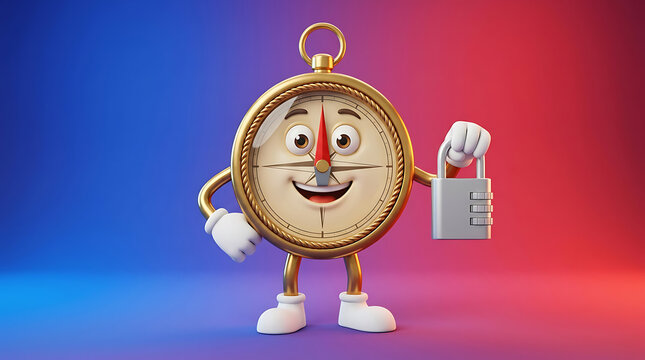 A cartoon compass character holding a padlock in front of a blue and red background, symbolizing security