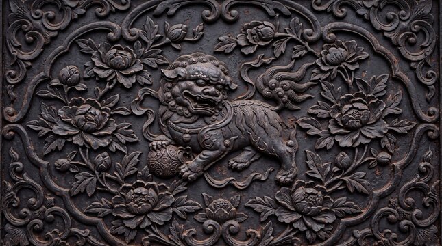 Traditional Asian Guardian Lion Relief Carving with Floral Ornament