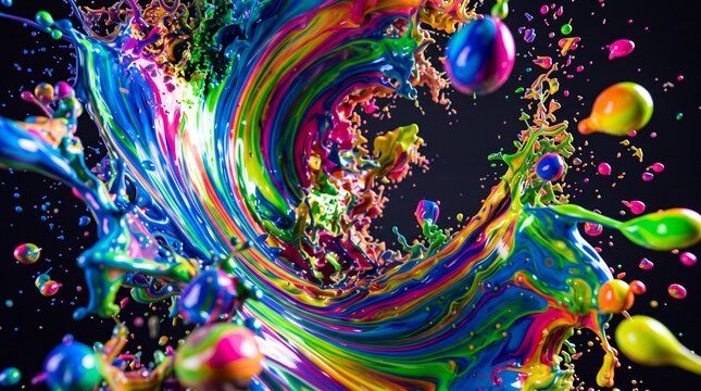 Dynamic Colorful Paint Splash Swirl on Black Background