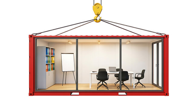 Modern container office suspended by a crane against a white background, innovative workspace solution
