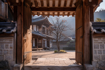 Fototapeta premium Traditional Korean hanok courtyard through an open gate