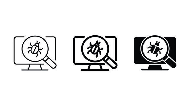 Computer screen displaying bug icon under magnifying glass for virus detection malware scan and software debugging process.