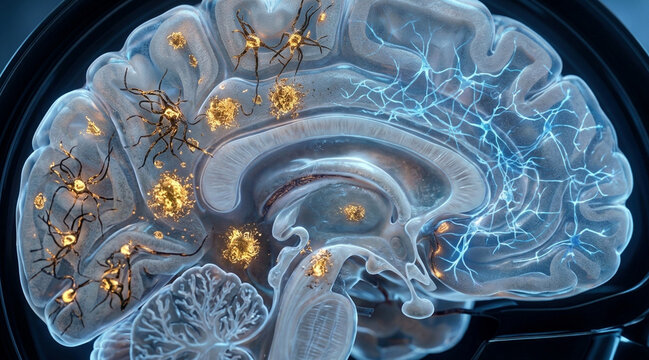 Transparent brain cutaway showing Alzheimer biomarkers, tau filaments, amyloid plaques, and fading synaptic connections
