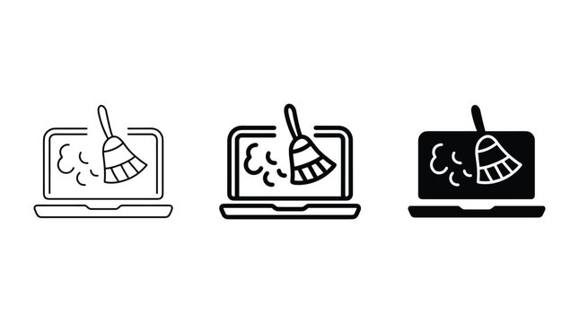 Laptop with broom icon cleaning digital files and data for system optimization and performance enhancement in technology.