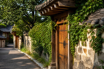Fototapeta premium Late summer greenery in a Korean hanok alley