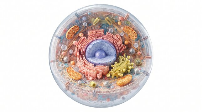 Highly detailed 3D illustration of an animal cell, revealing its complex internal structure and various organelles like the nucleus, mitochondria, and Golgi apparatus