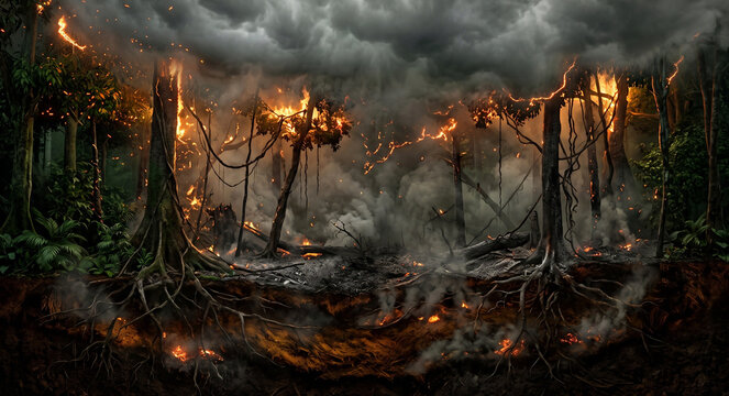 Cross-section of tropical rainforest wildfire with burning canopy, smoldering peat, charred roots and vines, and smoke trapped beneath storm clouds.