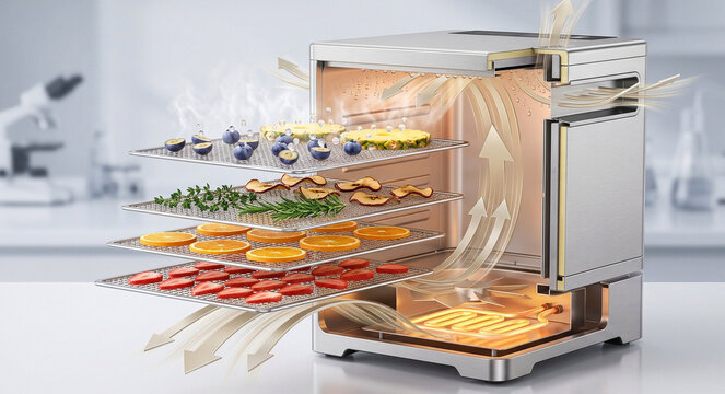 Food dehydrator cutaway with stainless trays, circulating warm air, evaporating fruit, herbs, and heating elements for food preservation science.