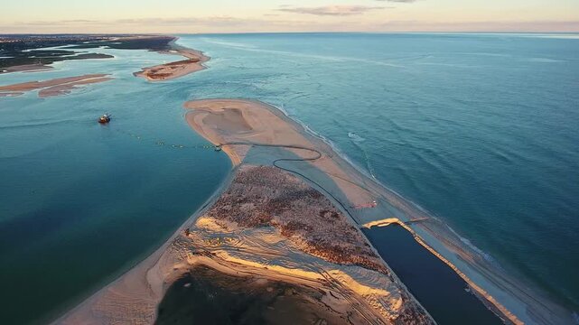 Aerial view of a dredging vessel pumping sand onto a beach to replenish it, a coastal management operation at sunset in the beautiful ria formosa natural park, algarve, portugal