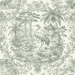 Fototapeta premium Vintage Chinoiserie Seamless Pattern with Cranes Pagodas and Garden Scenery