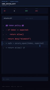 Vertical code diff review showing token policy security updates in dark theme IDE. Developer workflow from open pull request to merged status. Software engineering and quality control process.