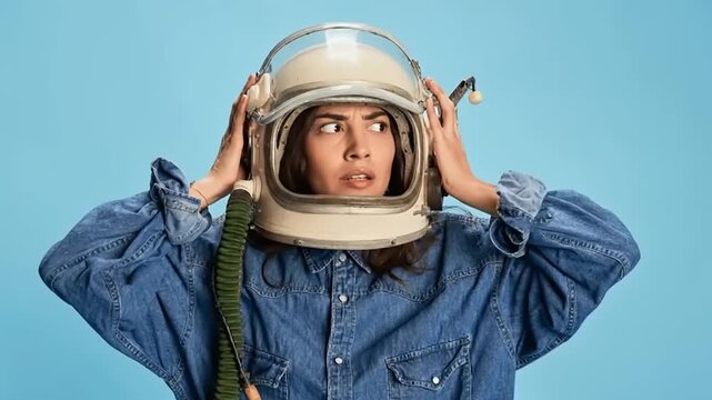 Person wearing helmet with surprised expression against blue background.