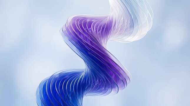 Elegant abstract helix made of hundreds of translucent curved plates, royal blue transitioning into violet and white, pale blue background, smooth glossy surfaces, subtle depth and shadows.