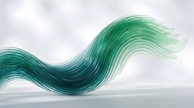Large abstract wave constructed from countless translucent curved plates, gradient from teal to emerald green and pale mint, clean light background, soft shadows, smooth futuristic surfaces.