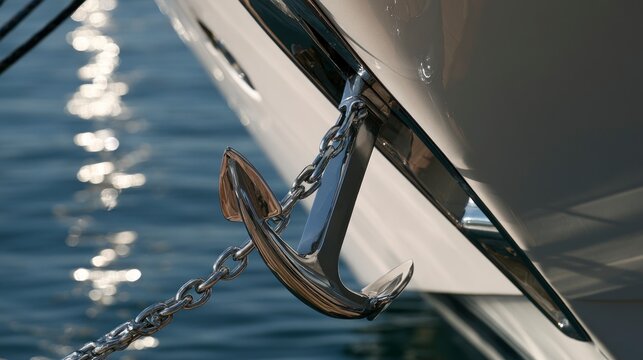 Close-up of a Polished Stainless Steel Anchor on a Luxury Yacht at Sea