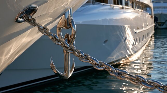 Polished stainless steel anchor and chain on the bow of a luxury yacht in a marina