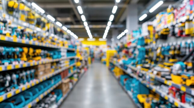 Defocused view of a tool aisle in a hardware store with organized equipment