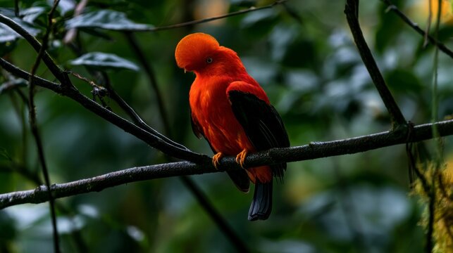 Vibrant male Andean Cock-of-the-rock (Rupicola peruvianus) perched on a mossy branch in a tropical cloud forest.