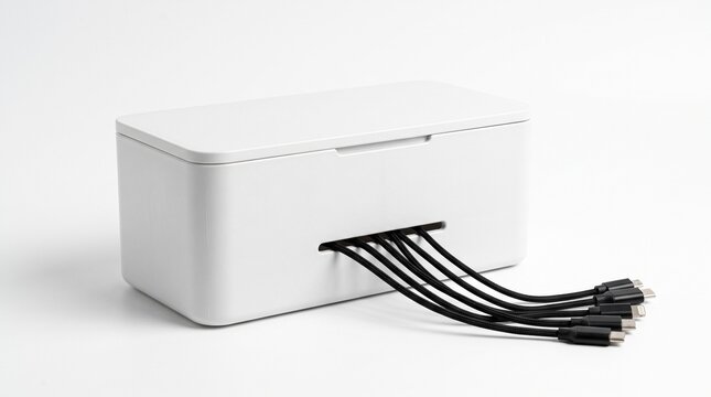 White cable management box. Desktop cord organizer. Minimalist technology accessory. Electrical wire storage container. Clutter-free desk solution. Remote work equipment.