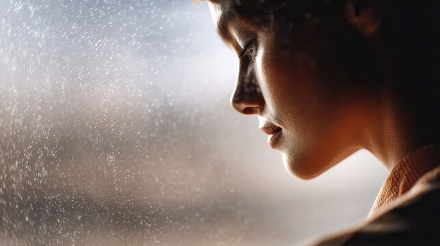 Analog nostalgia halftone grainy print design woman face profile closeup soft light contemplative mood