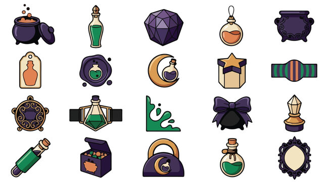Magical potion icons set, fantasy elixir collection, retro potion bottles vector graphics, RPG game assets, witch brew sprites, adventure inventory symbols