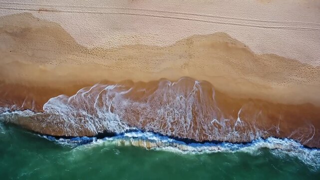 Majestic aerial top down view of turquoise ocean waves gently rolling and breaking onto a pristine golden sandy shore, creating a mesmerizing and tranquil natural abstract pattern from above