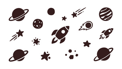 A collection of dark space themed icons featuring rockets planets stars and comets © Sai-man