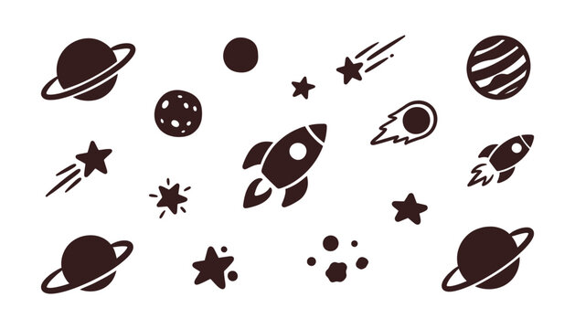 A collection of dark space themed icons featuring rockets planets stars and comets