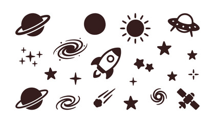 A collection of dark space themed icons including a rocket, planets, stars, and a flying saucer © Sai-man