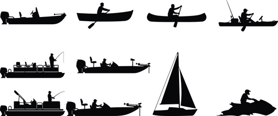 Obraz premium Vector silhouette set of various boats, canoes, kayaks, sailboat, and jet ski for marine design.
