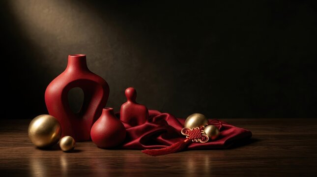 Elegant still life composition featuring traditional red ceramic vases and golden spheres celebrating the spirit of national china day festivities