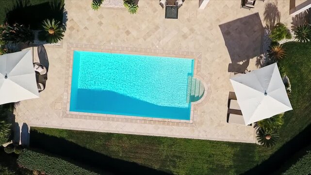 Aerial top down view slowly descending towards a pristine rectangular swimming pool in a luxurious villa's garden with elegant lounge chairs, white umbrellas, and manicured green lawn