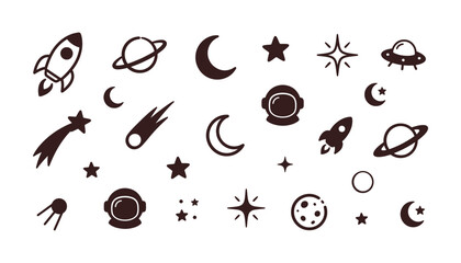 A collection of hand drawn space themed icons featuring rockets planets stars and an astronaut © Sai-man
