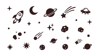 A collection of hand drawn space themed icons featuring planets stars and a rocket ship © Sai-man