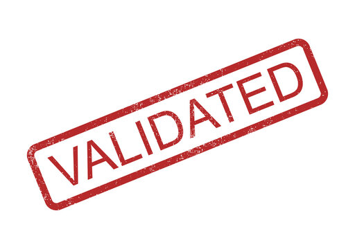 Red rubber stamp impression with the word validated printed in a bold capital font style