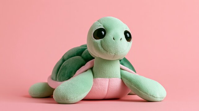 Adorable Green Plush Turtle Toy with Big Eyes on a Pink Background