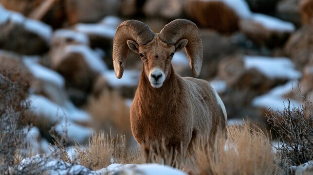 Majestic Bighorn Sheep Ram with Large Curved Horns Standing in a Snowy Rocky Mountain Landscape