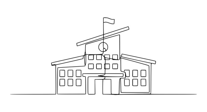 Continuous line drawing of a school building with clock and flag, isolated