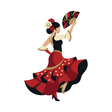 Elegant Flamenco Dancer in Traditional Red and Black Dress Holding Fan Illustration